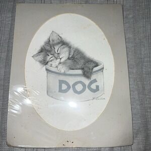 Virginia Miller Charcoal Cat In Dog Bowl